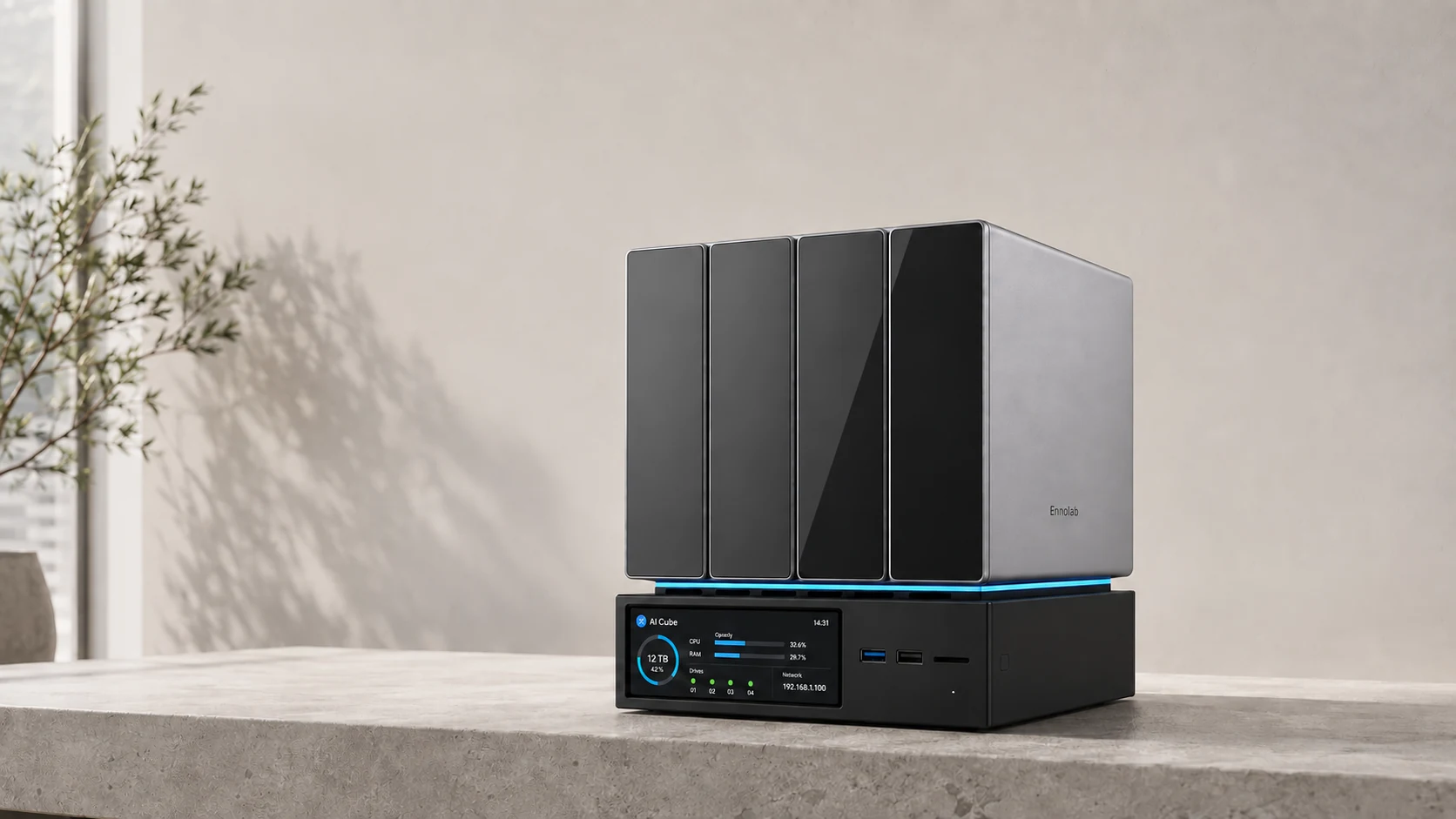 Ennolab personal cloud AI Cube devices in a sunlit modern workspace
